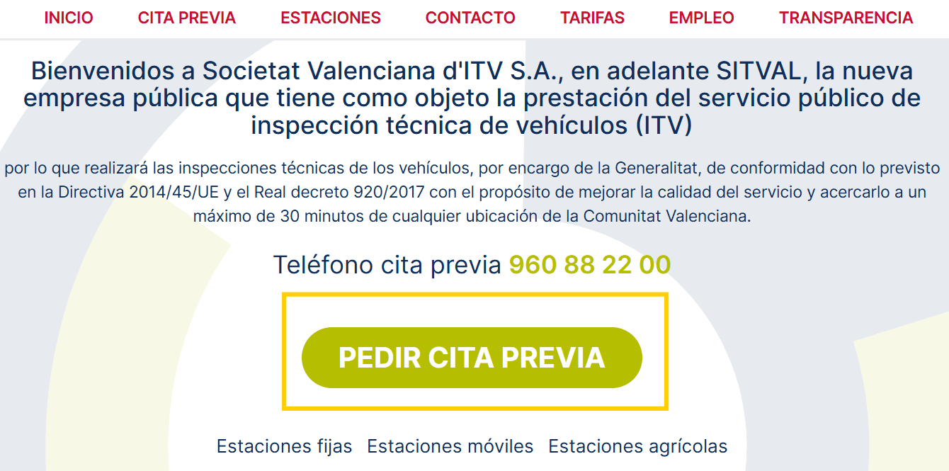 Página principal de www.sitval.com mostrando el botón Solicitar cita