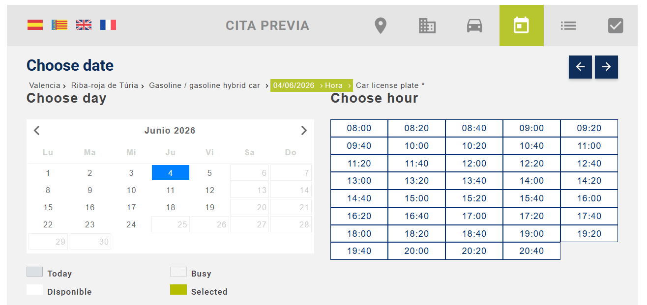 Calendario con disponibilidad de citas marcada en colores