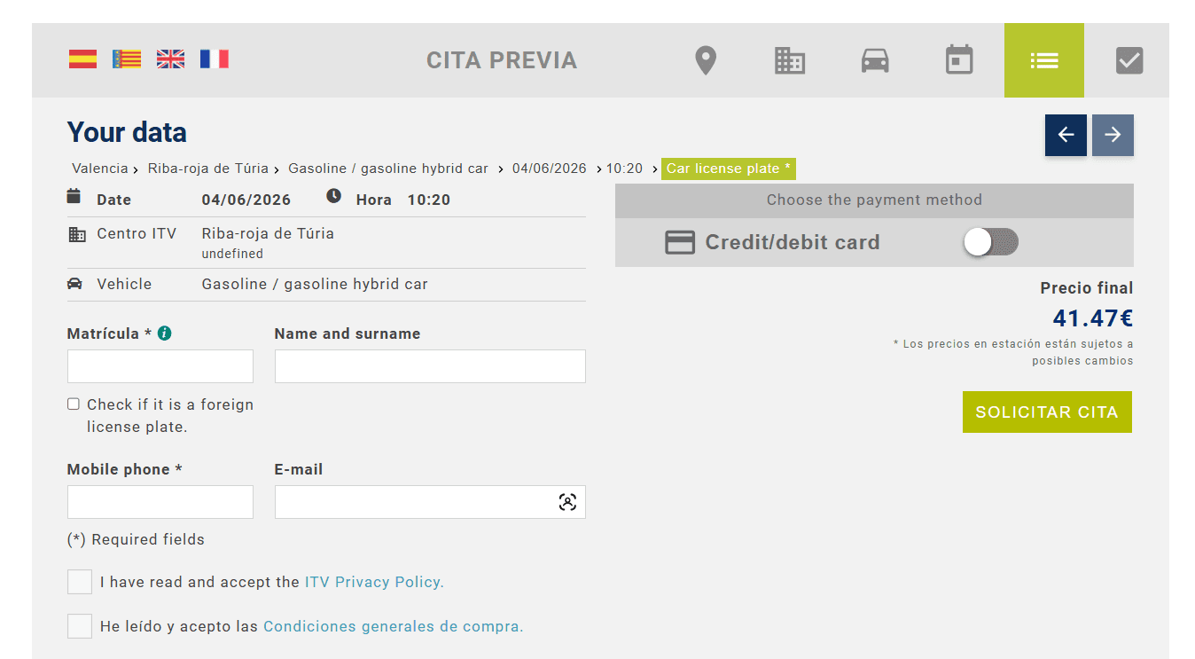 Formulario con datos personales y matrícula del vehículo